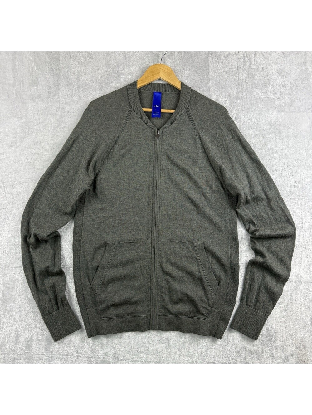 Kit and Ace Mens L Green Merino Wool Full Zip Bomber Jacket Sweater Knit Casual